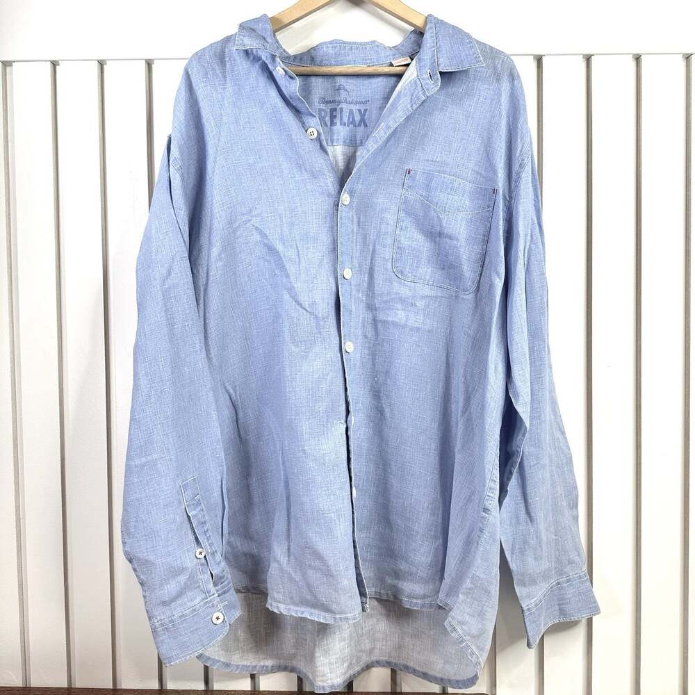Tommy Bahama Relax Mens XXL Blue 100% Linen Shirt Marlin Long Sleeve Coastal